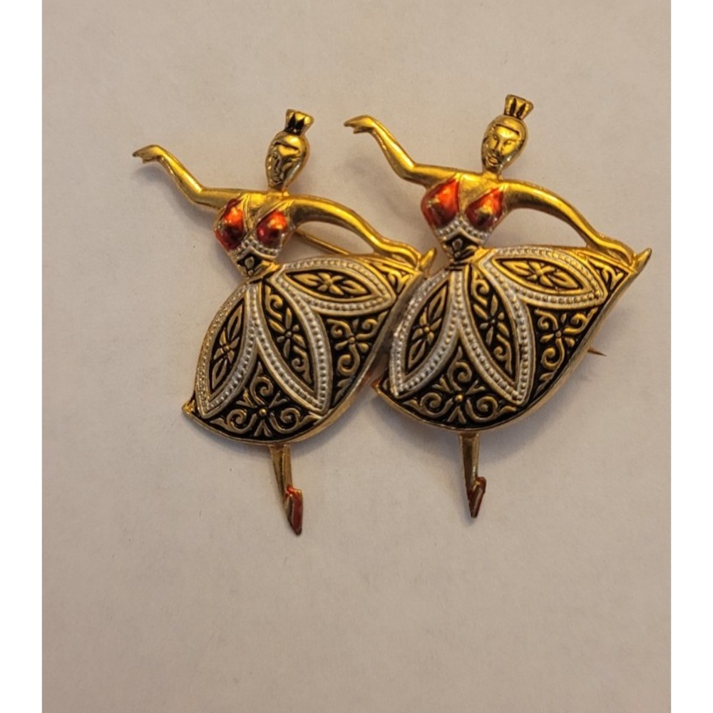 Vintage Gold Tone Enamel Ballerina Dancer Brooch Pin